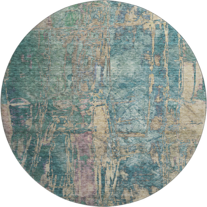 Premium Machine Washable Mayfield AMF2236 Abstract Rug, Teal, 8' Round