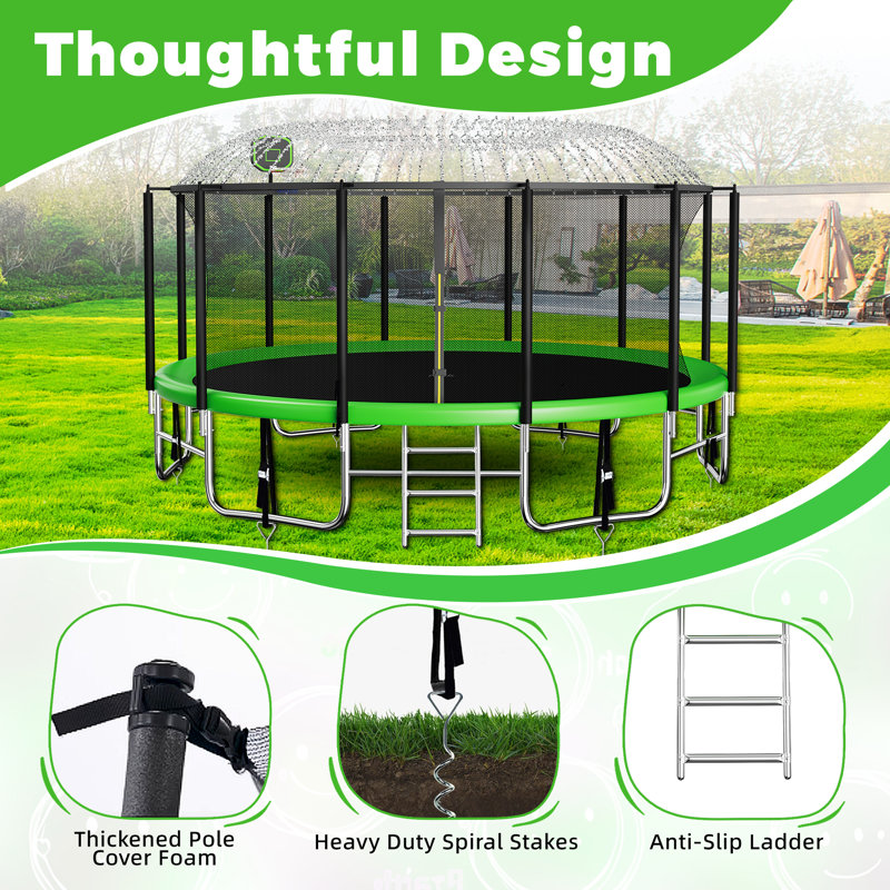 Trampoline de cour arrière de 16 pi avec enclos de sécurité Fiziti Outdoor Trampoline Series, Vert