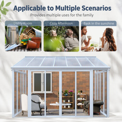 Housse de patio 10 x 14 pi avec 3 portes coulissantes verrouillables, véranda toutes saisons, structure en aluminium et toit en polycarbonate pour le jardin et la terrasse