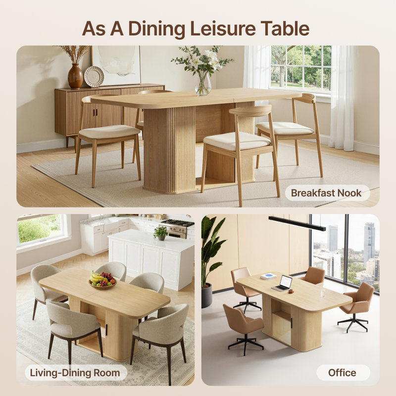70" Dining Table for 4-6 People, Modern Dining Table with Storage Shelves, 1.38" Thick Scratch-Resistant, Beige