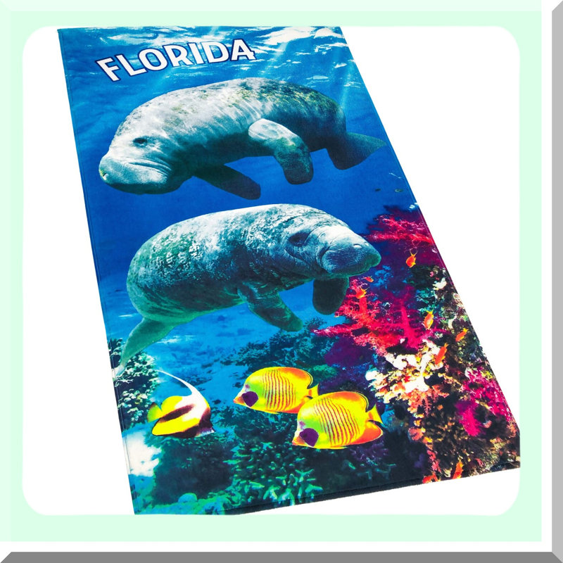 Florida Coastal Manatee Paradise Beach Towel - 30x60 Velour Cotton