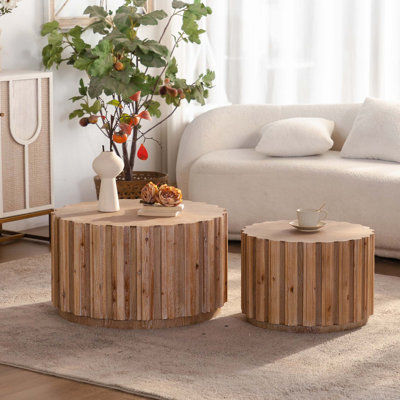 Space-Saving Nesting Coffee Table Set with Rustic Vertical Slatted Design