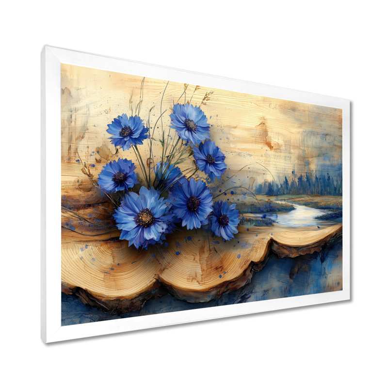 Fleurs bleues turquoise et paysage de rivière en bois V - Art mural de bleuet pour le salon, Cadre simple, H 34 po x l 44 po