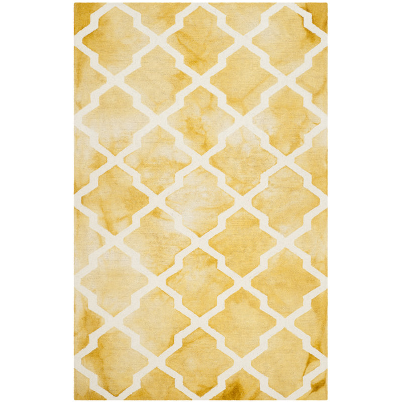 Tapis jaune / ivoire en laine touffeté fabriqué à la main à motif géométrique, Rectangle 2 pi 6 po x 4 pi