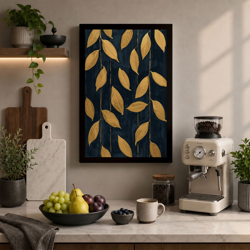 Gilded Leaves Pattern Botanical - Wrapped Canvas, 18x12 - 45.7 x 30.5 cm, Ochre Border