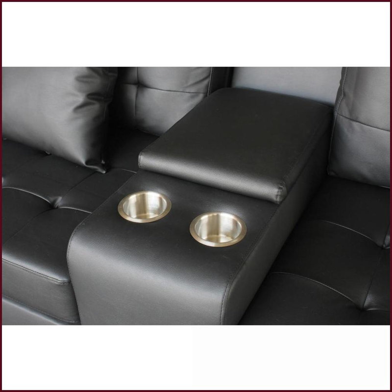 Canapé moderne en PVC noir de 85 po Genesis | Dossier serré | Accoudoirs carrés | Lumières DEL | Chargeurs USB | Console de rangement