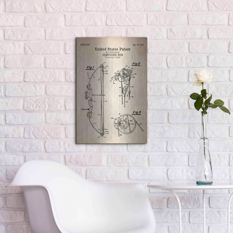 «Wall Compound Bow Blueprint Parchment», art mural en métal, 24 po x 36 po, H 24 po x l 16 po