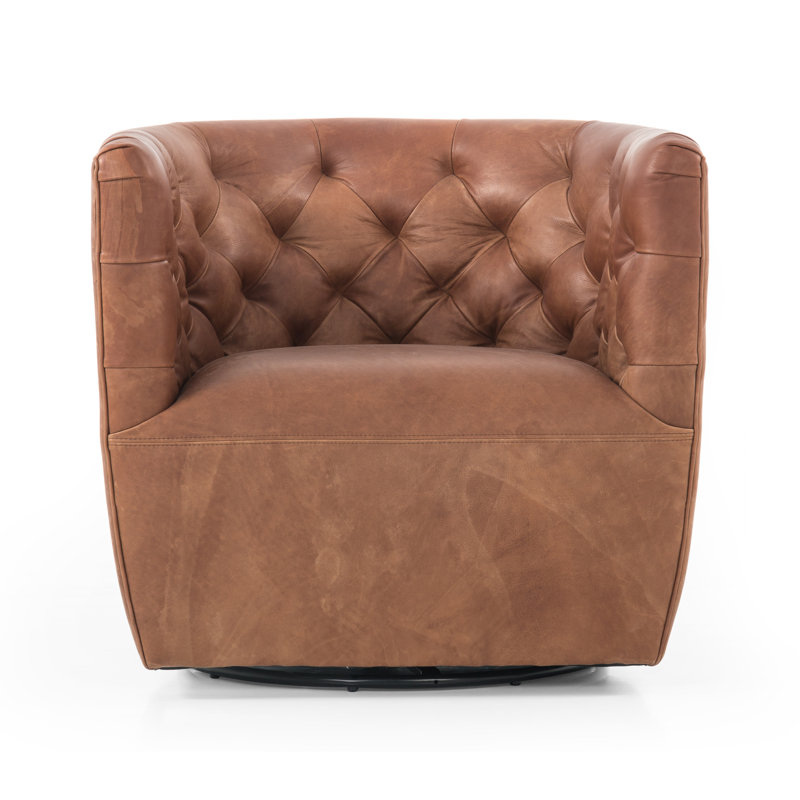 Hanover Swivel Tufted Barrel Chair, Heirloom Sienna Genuine Leather