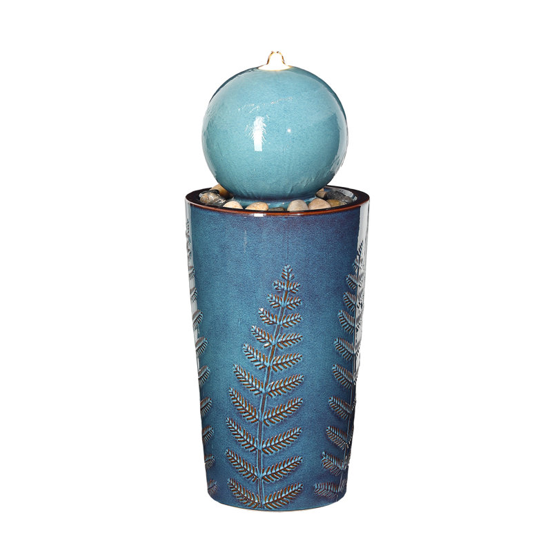 29.5" Ceramic Outdoor Water Fountain with LED Lights, Trickling Waterfall & Nature-Inspired Sphere with Leaf Patterns and Decorative Pebbles in Teal Blue Glaze for Patio Yard Garden