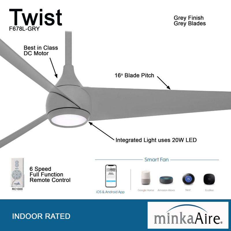 52'' 3 - Blade LED Smart Standard Ceiling Fan with Remote Control and Light Kit Included, Gray