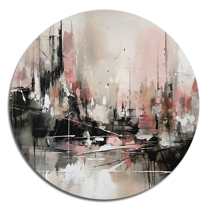 Rose, noir, minimalisme, fludité I - Art abstrait rond en métal, H 23 po x l 23 po