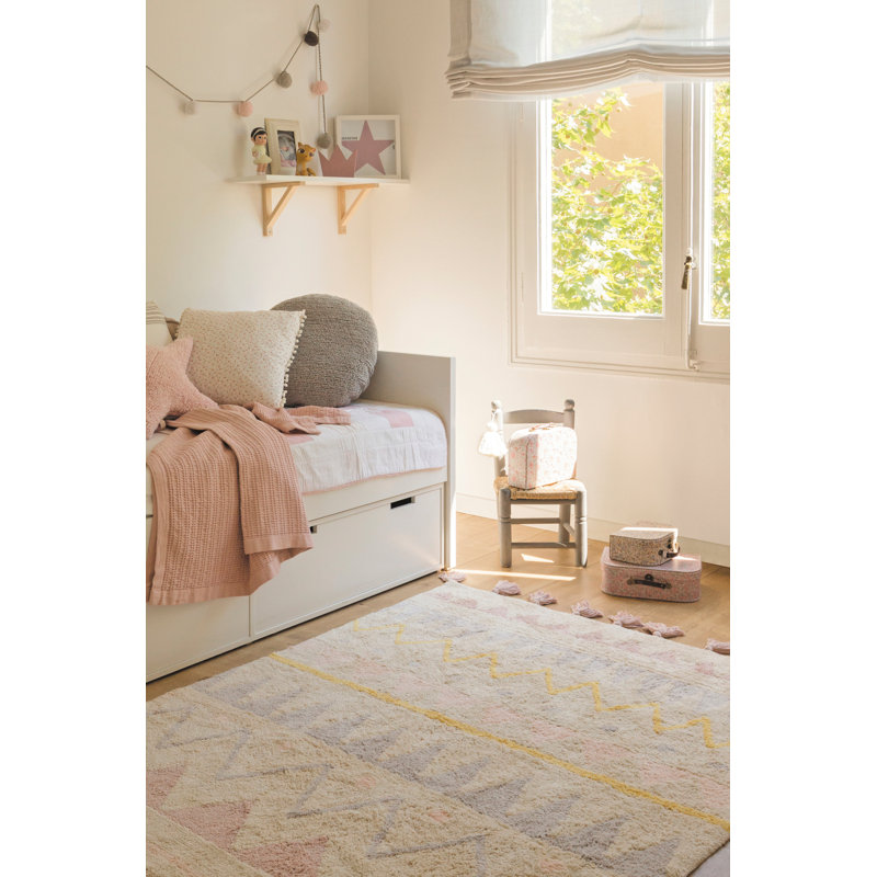 Azteca Cotton Moroccan Area Rug in Pink/Purple/Yellow, Rectangle 4'7" x 6'7"