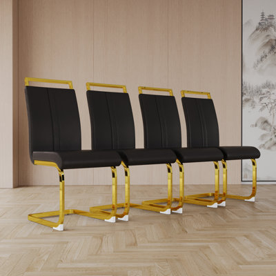 Modern Upholstered Side Chair 22 x 17 x 39 Inch PU Leather Set of 4 Black Comfortable Padded Seat