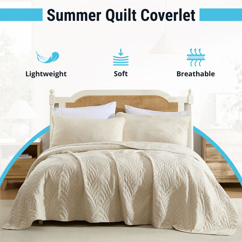 HLC.ME Weston - 3 Piece Quilt Set, Lightweight Bedspread Coverlet Set, Beige, King Quilt + 2 King Pillow Shams