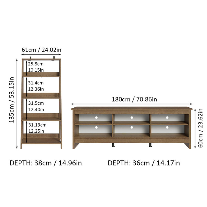 Sabeeha 6 Shelves TV Stand up to 75" + Ladder Shelf Standing Bookcase, Rustic
