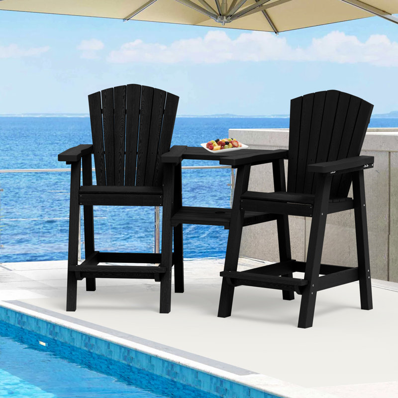 HDPE Tall Adirondack Chair Set with Removable Double Connecting Trays (Set of 2), Black