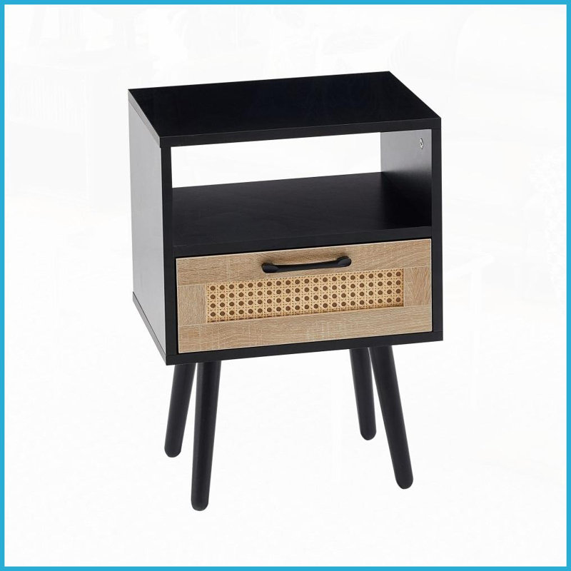 Table basse en rotin noir avec tiroir & amp; Pieds en bois massif, facile à nettoyer et amp; Facile à assembler pour le salon, la chambre à coucher