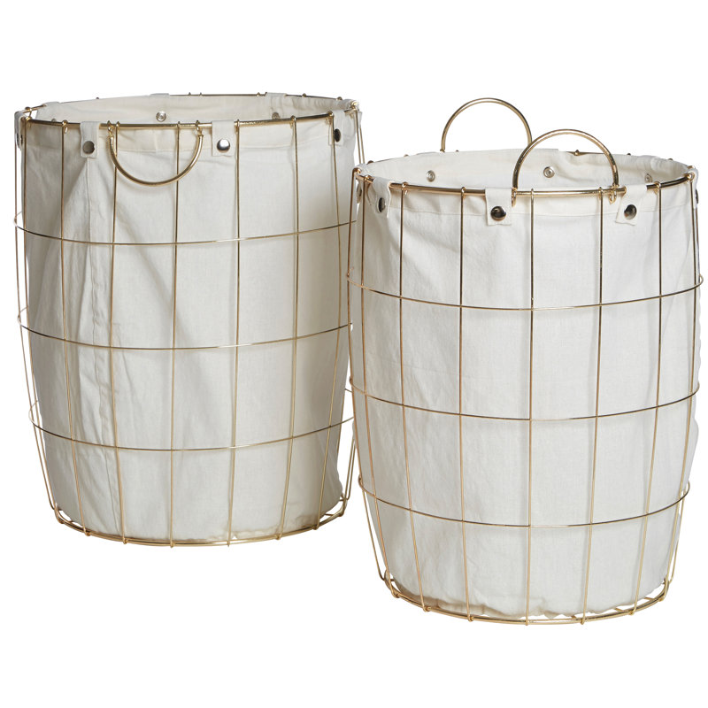 Fabric Laundry Basket with Handles, White/Gold