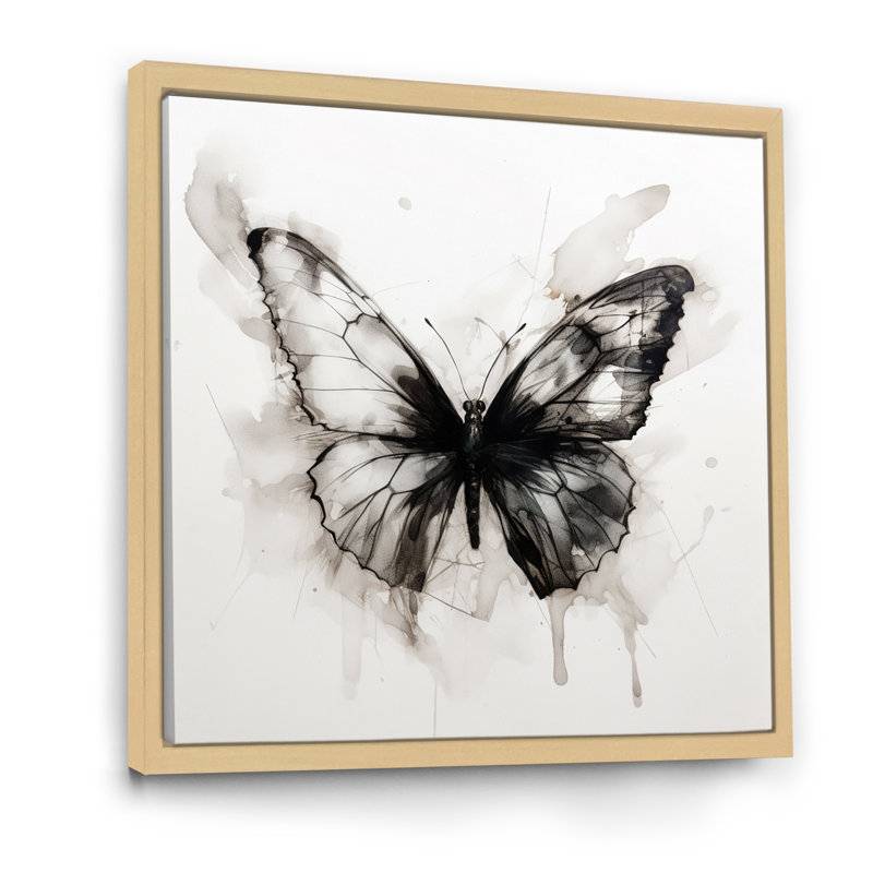 Papillon, aquarelle noir et blanc I, Cadre naturel flottant, H 36 po x l 36 po x P 1,5 po