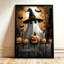 Fantôme d'Halloween coiffé d'un chapeau de sorcière, avec chauves-souris et lanternes, tableau sur toile encadré, cadre blanc, 40 x 60 cm-371847873-371847901