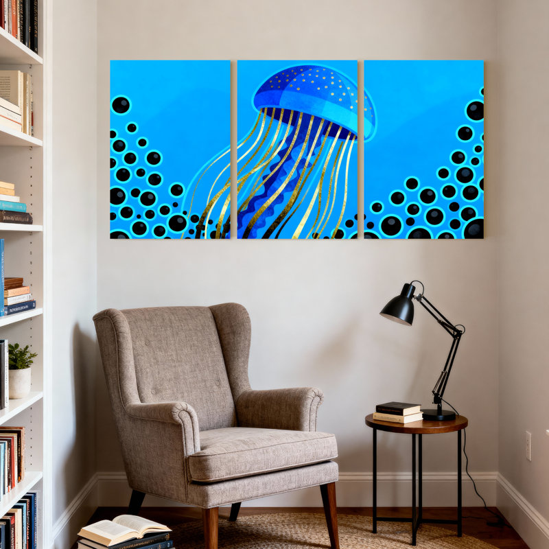 Ensemble de 3 impressions sur toile, méduse bleue avec tentacules dorés et bulles, H 30 po x l 60 po