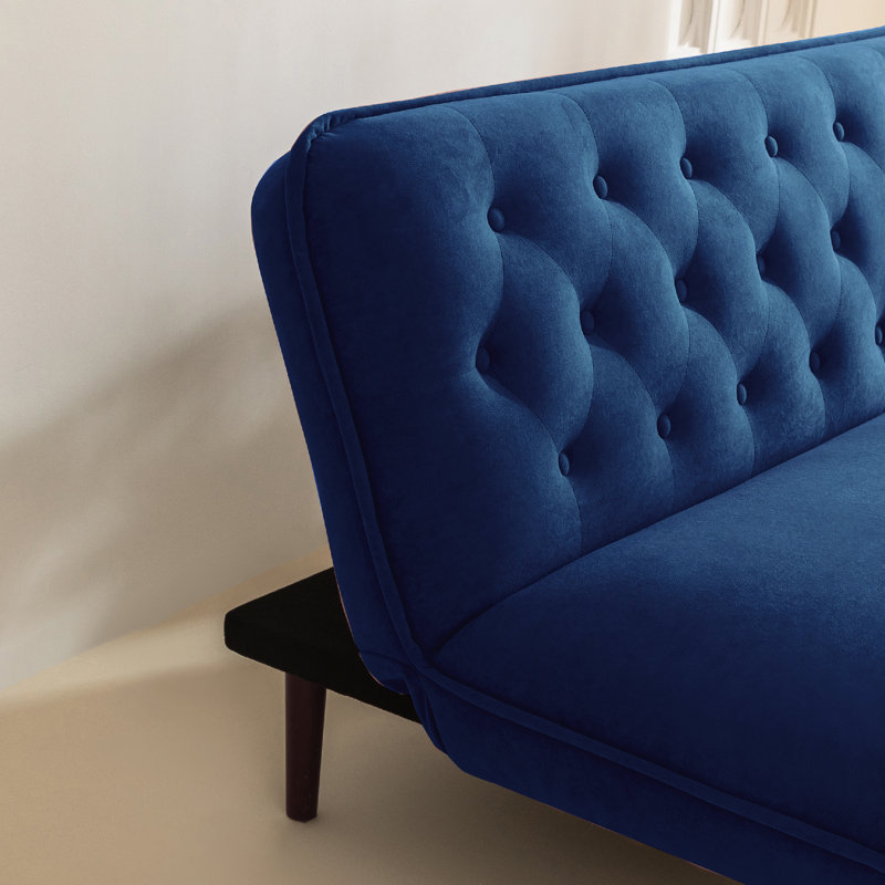 Jolee 70.4" Mid Century Modern Velvet Armless Convertible Futon, Twin Size, Blue