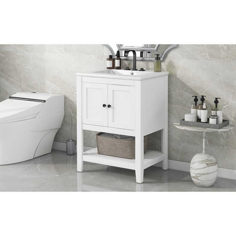 Lavabo de salle de bain moderne élégant en céramique 24 po avec tablette ouverte en bois massif, Blanc