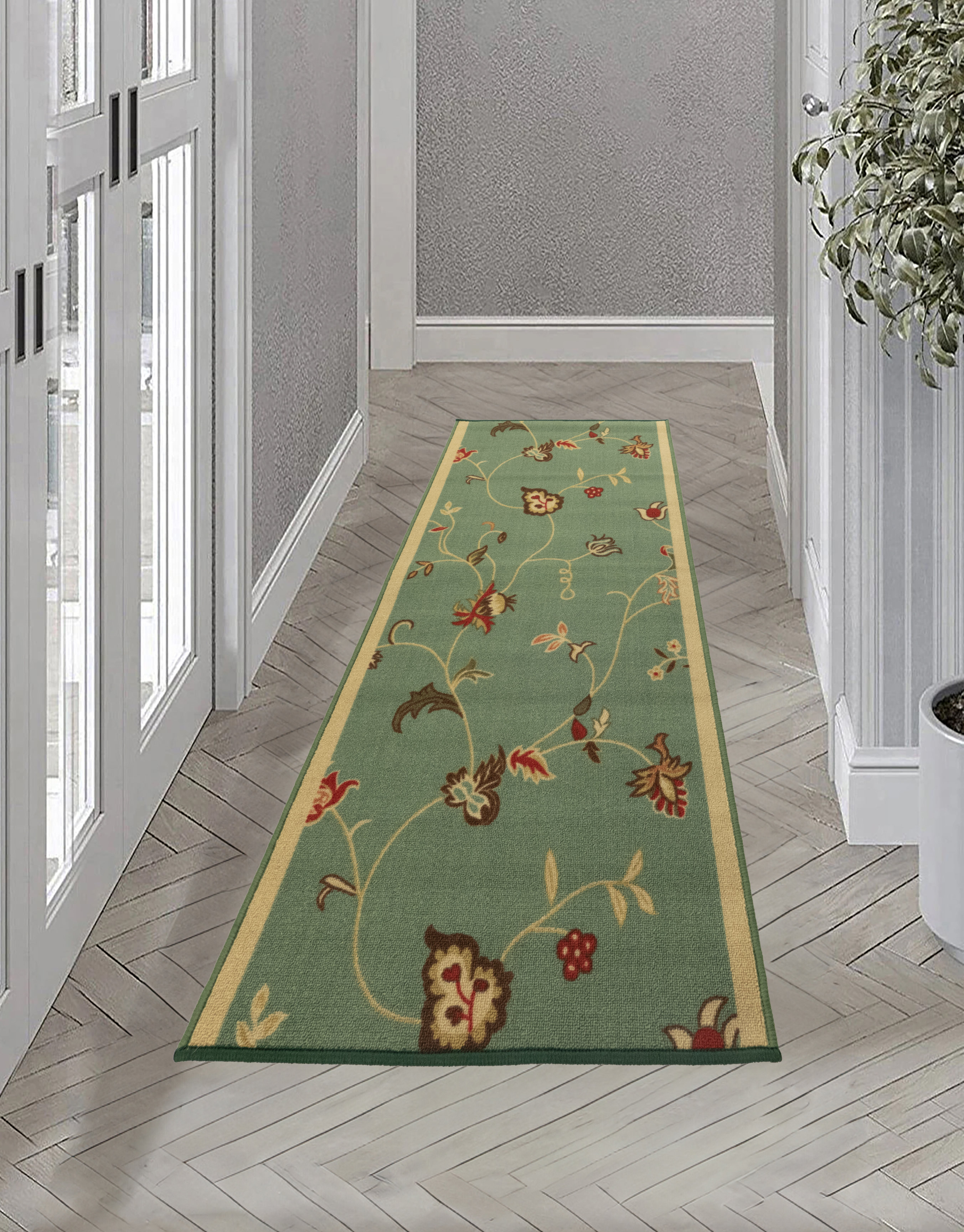 Charlton Home® Custom Size Runner Rug Floral Scroll Green Low Pile Slip ...