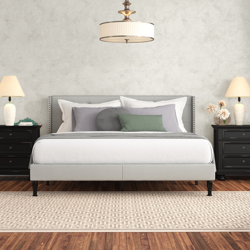 Upholstered Wingback Bed, King, Light Beige