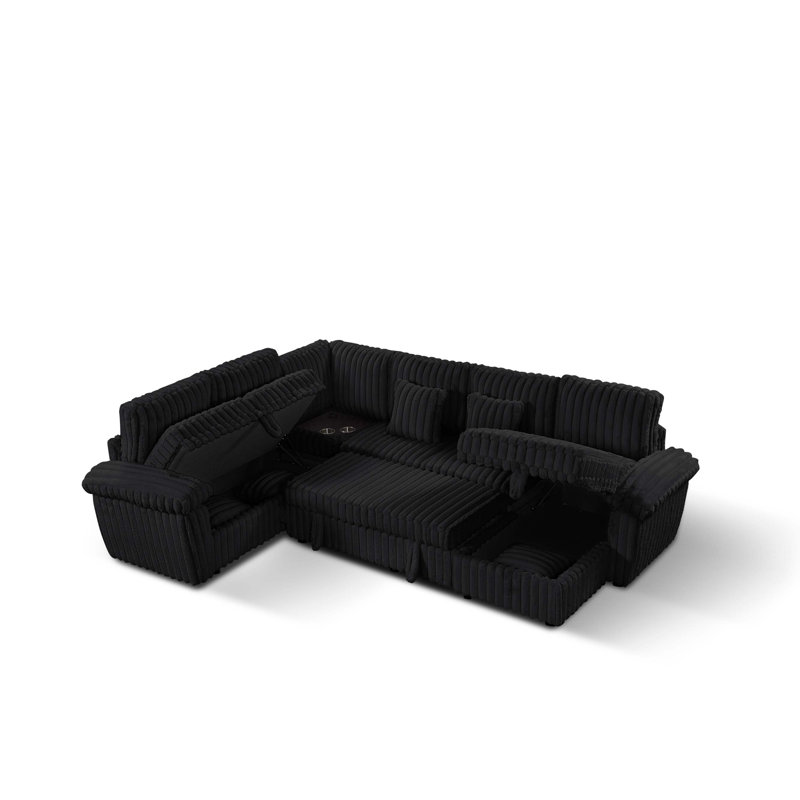 Canapé modulaire en U en velours côtelé avec lit gigogne et rangement multifonctionnel, Black Corduroy