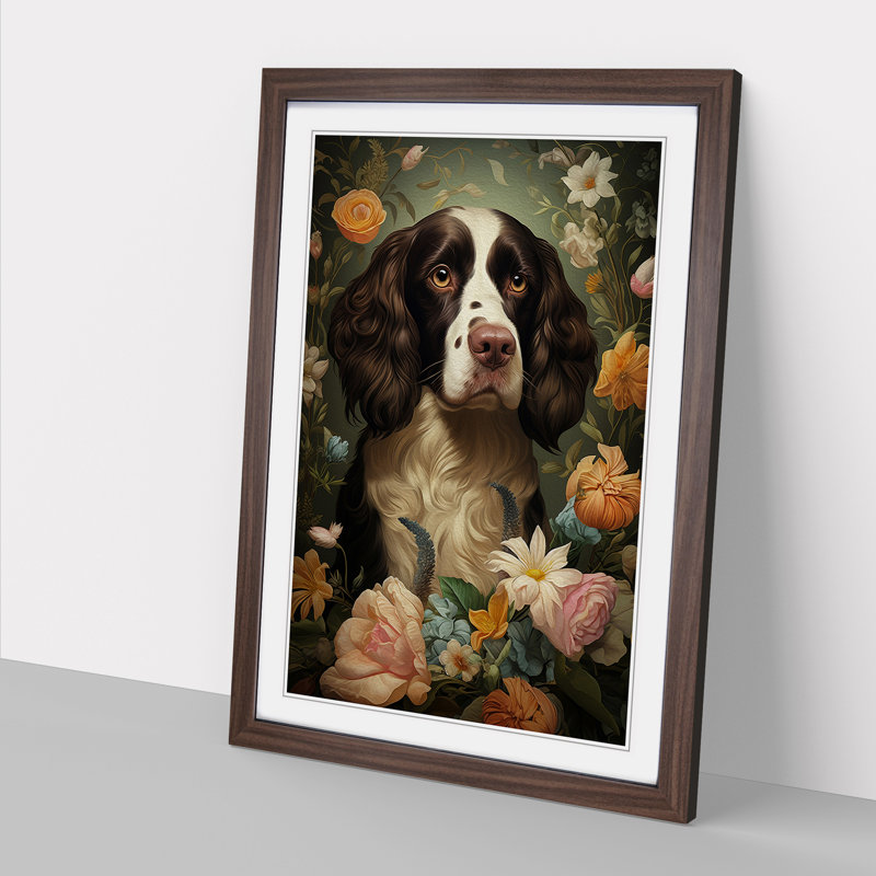 English Springer Spaniel Rococo - Single Picture Frame Print on Wood, 34cm H x 25cm W x 2cm D, Walnut