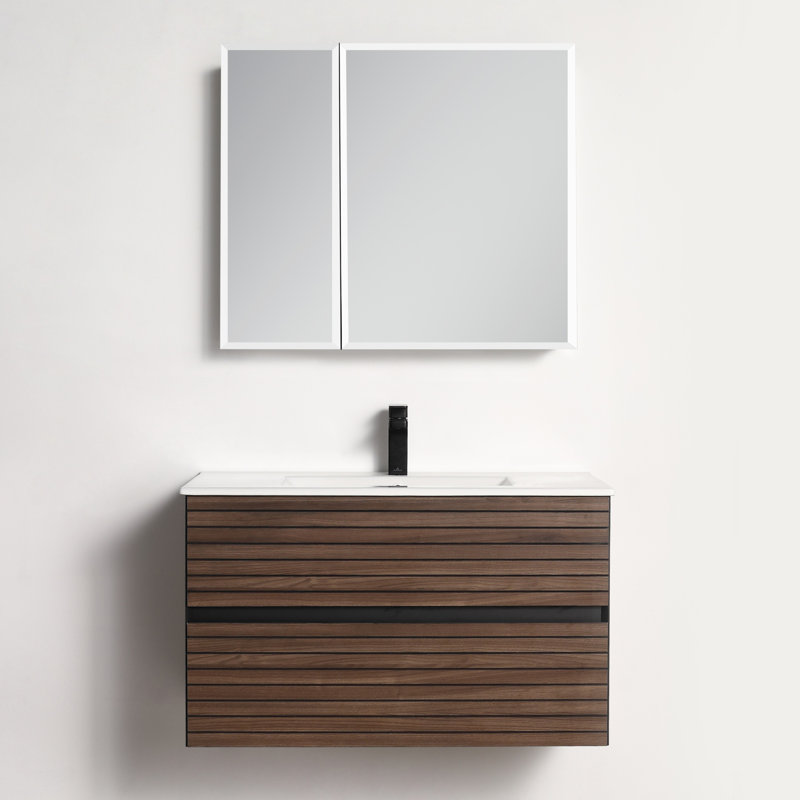 Meuble-lavabo flottant 36 po avec lavabo mural - 36 po, Brun, Blanc / Blanc