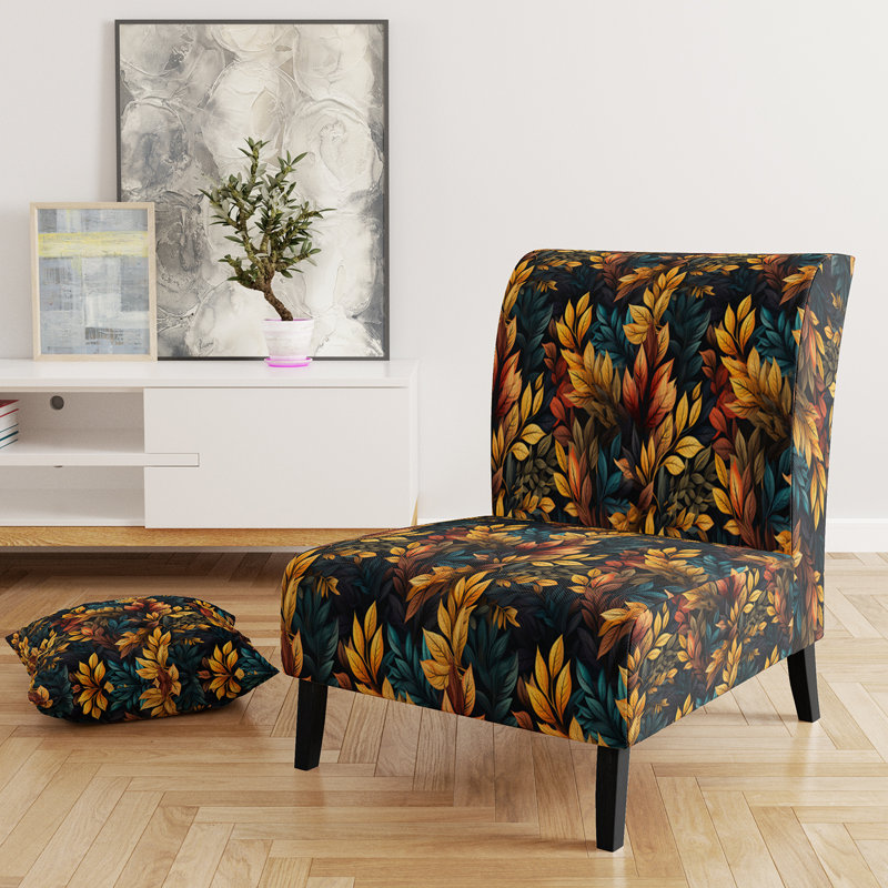 Yellow Rustic Autumn Leaves - Upholstered Vintage Slipper Chair, Yellow Accent Chair, Yellow Rustic Autumn Leaves