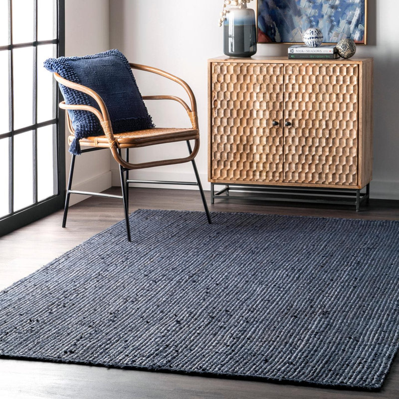 Berowalt Farmhouse Handmade Tufted Jute Navy Rug, Rectangle 6' x 9'