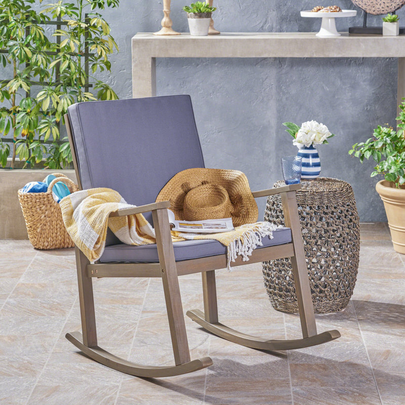 Arend Coastal Acacia Wood Outdoor Rocking Chair with Cushions and Cross-Back Detailing, Dark Gray Cushion/Gray Frame