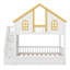 Lit simple superposé en forme de maison avec tiroirs de rangement et escalier, lit superposé avec fenêtre, porte et toit-2056693157