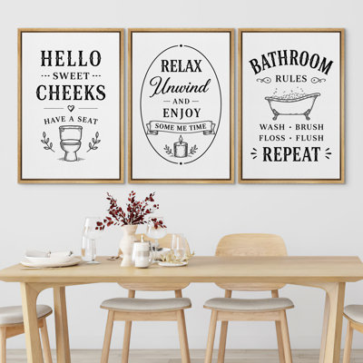 Salle de bain humour Hello Sweet Cheek's Relax Unwind Bathroom Rules Wash Brush Floss Flush Répeter Typographie Wall Art Decor, impression sur toile, 3 pièces