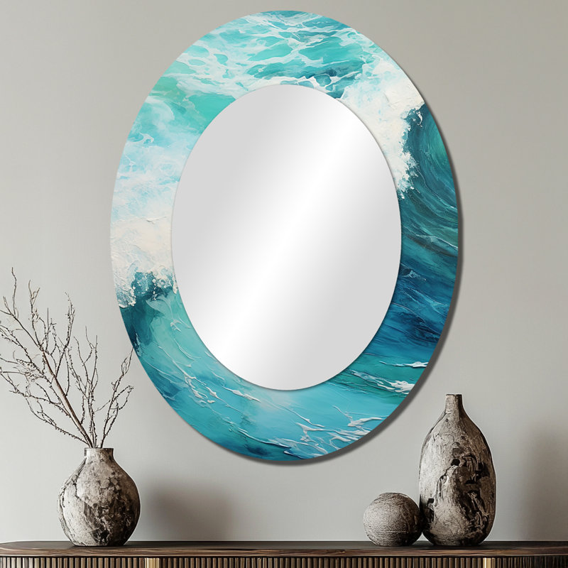 Décoration de miroir océan bleu sarcelle Wave Expression I - ovale bleu, 40 po x 30 po