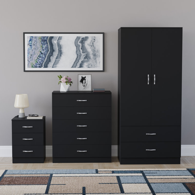Maybery 3 Piece Bedroom Set (3 Drawer Bedside Chest, 5 Drawer Chest, 2 Door 2 Drawer Wardrobe), (4), Black