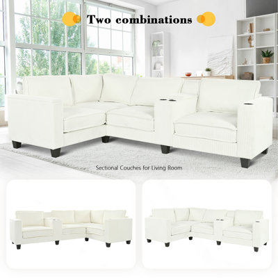 L-shaped 4-Seater 105.5''*66.5'' Corduroy Sofa,large storage armrests with center console,USB charging,Left and right seats can be switched,2 packages of 130