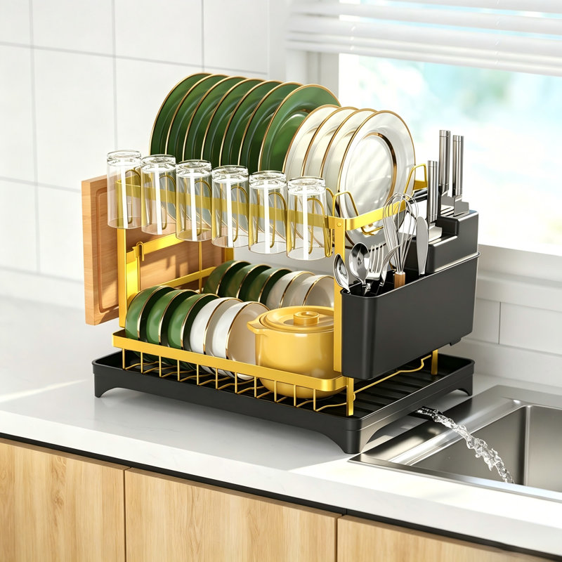 2-Tier Gold Dish Drying Rack with Drainboard, Large Capacity