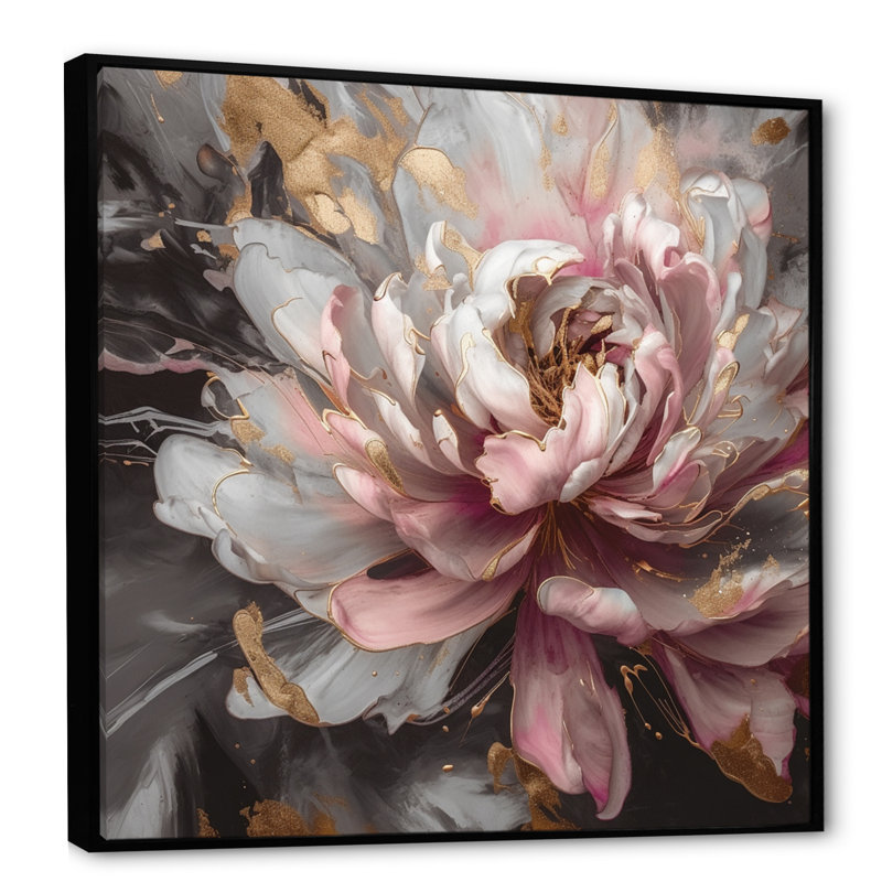 Pivoines blanches et roses en fleurs - reproduction, H 36 po x l 36 po x P 1,5 po, Cadre flottant noir