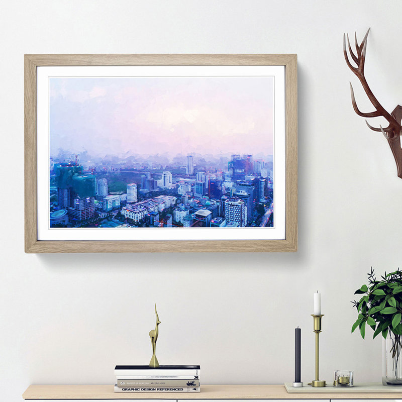 The Hanoi Skyline in Vietnam in Abstract - Picture Frame Graphic Art Print on MDF, Oak Framed, 48cm H x 65cm W x 2cm D