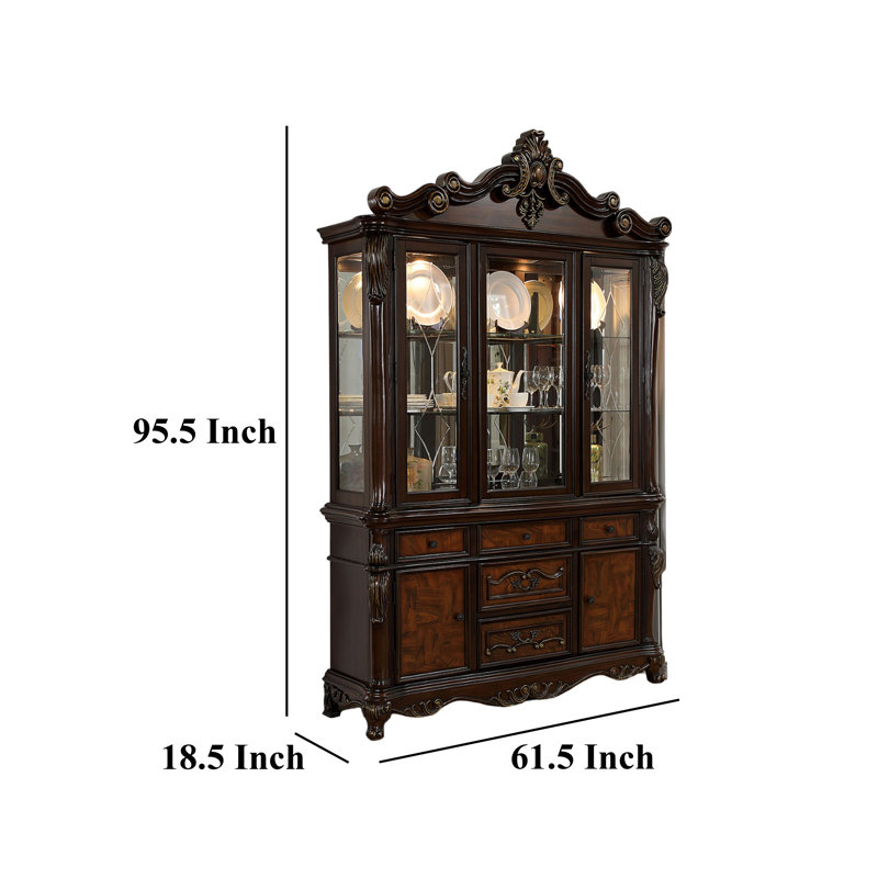 Zenie Buffet Cabinet and Hutch, Classic Carved, Cherry Brown Solid Wood, Cherry Brown