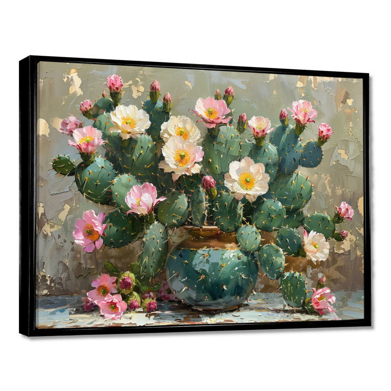 Cactus vert et rose en fleurs - Cactus floral, Toile avec cadre flottant noir, H 12 po x l 20 po x P 1 po