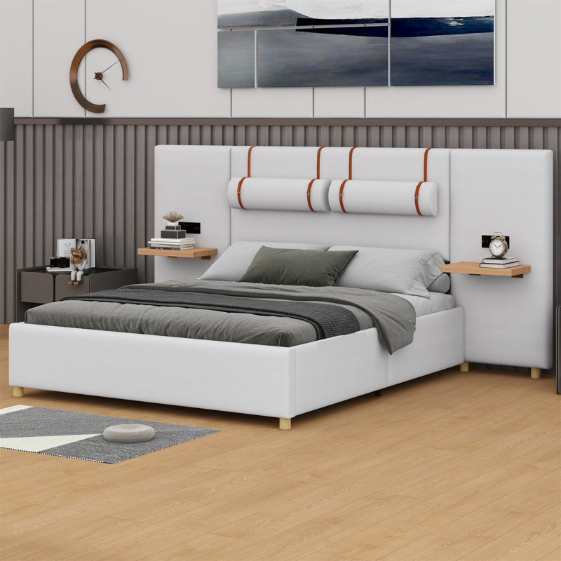Lit à panneau tapissier avec rangement Kree, Beige