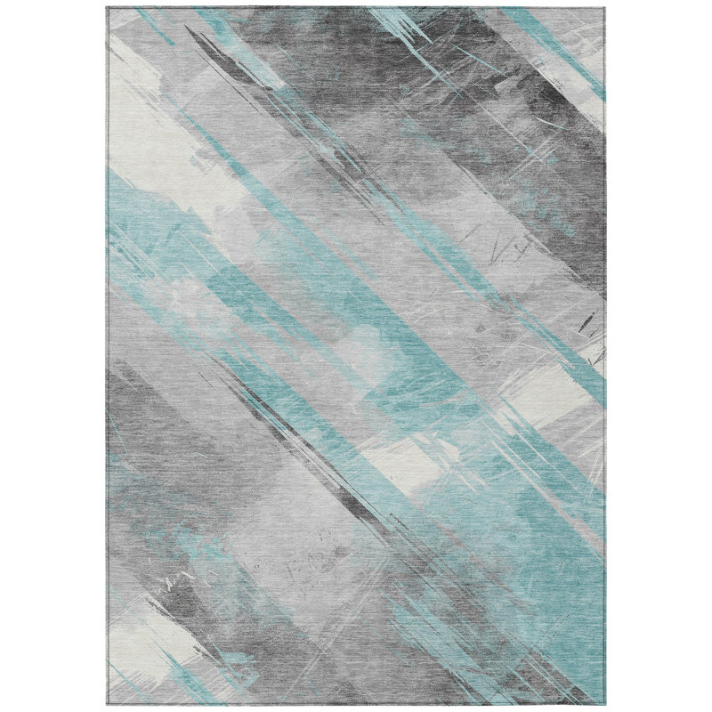 Teal and Gray Flat Woven Synthetic Stripe Rug 5' x 7'