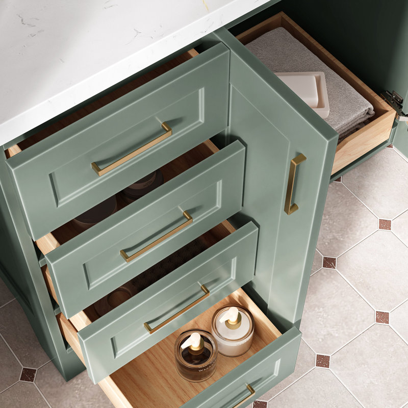 Meuble-lavabo simple 54 po en bois massif bleu minuit avec plateau en quartz blanc Carrara de 1,5 po Freitas, évier central ovale