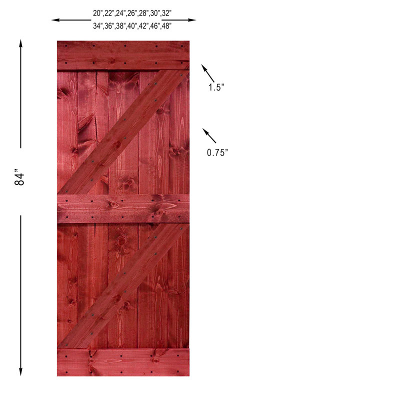 Pine Wood Sliding DIY Barn Door With Installation Hardware Kit, 20" x 84", Cherry Red