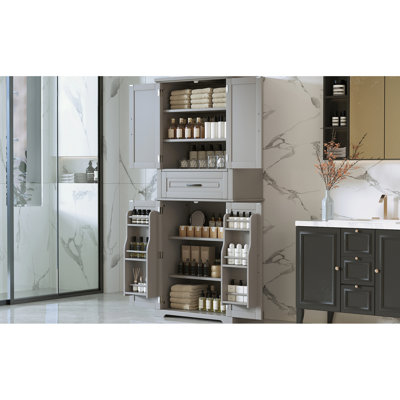 Rangement de salle de bain gris avec tablette pratique, armoire réglable et armoire fonctionnelle à tiroir coulissant, tablettes compactes